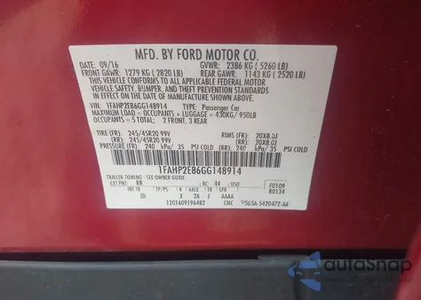 2016 Ford Taurus Sel z USA, uszkodzony, nr VIN 1FAHP2E86GG148914